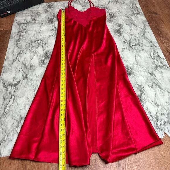 Vintage Victoria’s Secret Y2k Silky Slit Red Maxi Slip Dress Rosette Lace Medium - Picture 8 of 8